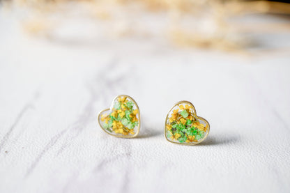 Real Dried Flowers and Resin Heart Stud Earrings in Yellow Green