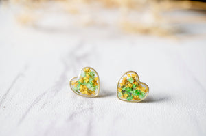 Real Dried Flowers and Resin Heart Stud Earrings in Yellow Green