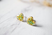 Real Dried Flowers and Resin Heart Stud Earrings in Yellow Green