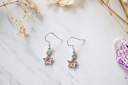 Real Dried Flowers and Resin Star Earrings in Magenta and White