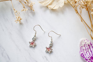 Real Dried Flowers and Resin Star Earrings in Magenta and White
