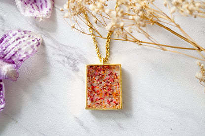 Real Dried Flowers in Resin Square Necklace in Gold Red Orange