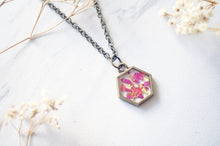 Real Dried Flowers in Resin Necklace in Neon Pink Yellow Gold Flakes