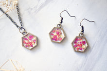 Real Dried Flowers in Resin Necklace, Hexagon in Pinks and White Mix