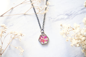 Real Dried Flowers in Resin Necklace in Neon Pink Yellow Gold Flakes