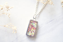 Real Pressed Flowers in Resin Necklace, Bronze Rectangle in Magenta Mint Light Pink