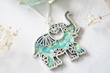 Real Dried Flowers in Resin Silver Tribal Elephant Necklace in Mint Teal Mix