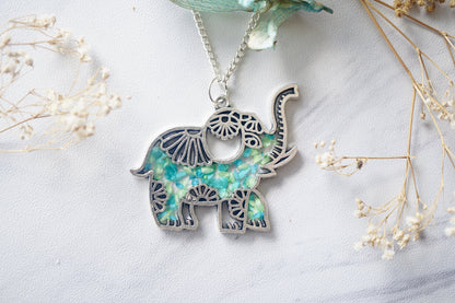 Real Dried Flowers in Resin Silver Tribal Elephant Necklace in Mint Teal Mix