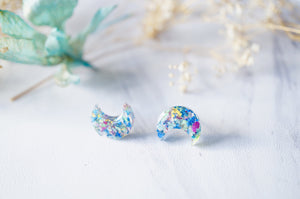 Real Dried Flowers and Resin Moon Stud Earrings in Blue Mix