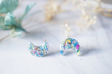 Real Dried Flowers and Resin Moon Stud Earrings in Blue Mix