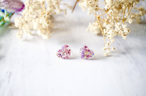 Real Dried Flowers and Resin Heart Stud Earrings in Purple Mix