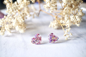 Real Dried Flowers and Resin Heart Stud Earrings in Purple Mix