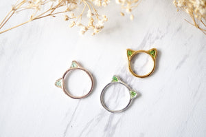 Real Pressed Flowers and Resin Silver Cat Ring in Green