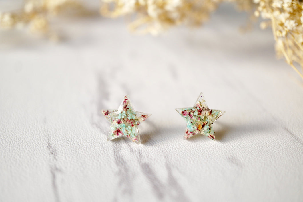 Real Dried Flowers and Resin Star Stud Earrings in Mint and Rose