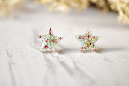 Real Dried Flowers and Resin Star Stud Earrings in Mint and Rose