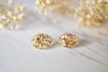 Real Dried Flowers and Resin Oval Stud Earrings in Orange Rose White Green