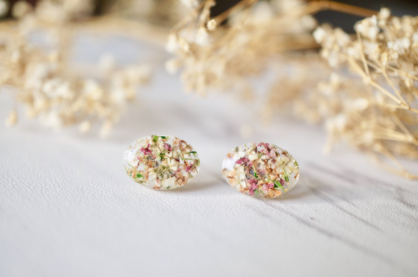 Real Dried Flowers and Resin Oval Stud Earrings in Orange Rose White Green