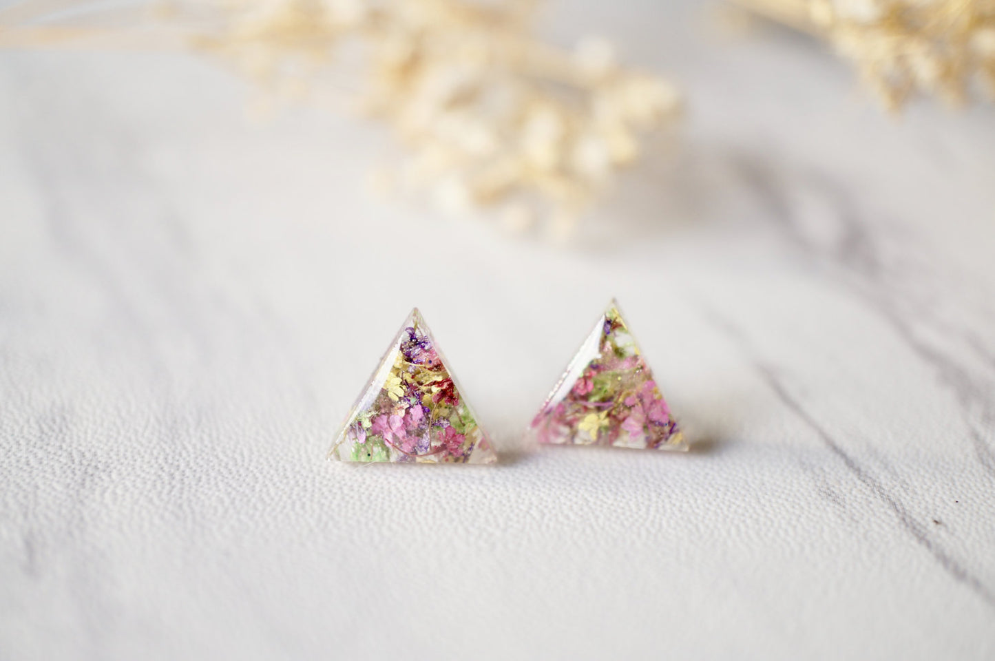 Real Dried Flowers and Resin Triangle Stud Earrings in Pink Yellow Purple Green