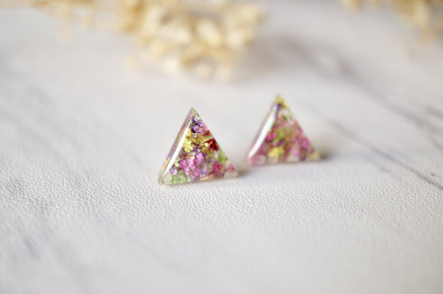 Real Dried Flowers and Resin Triangle Stud Earrings in Pink Yellow Purple Green