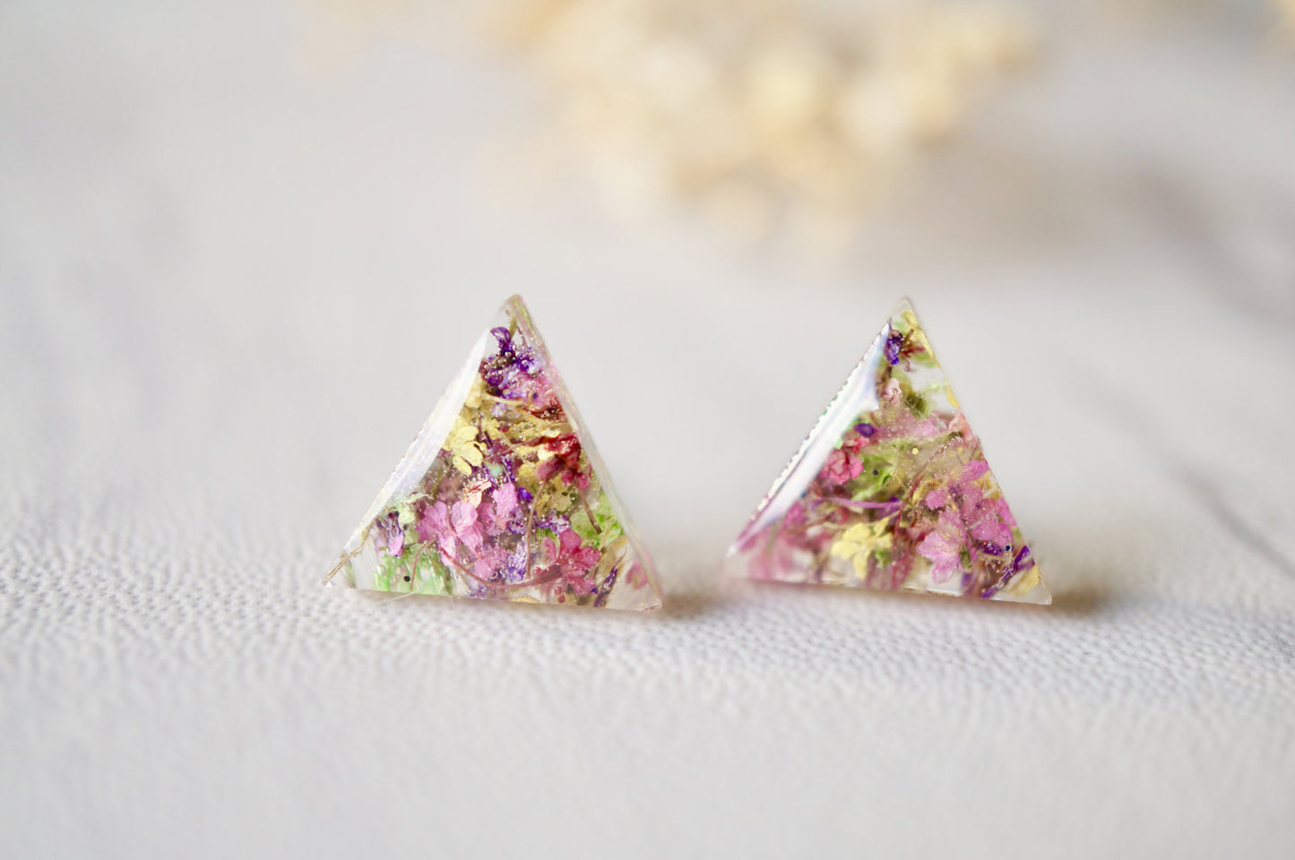 Real Dried Flowers and Resin Triangle Stud Earrings in Pink Yellow Purple Green