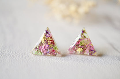 Real Dried Flowers and Resin Triangle Stud Earrings in Pink Yellow Purple Green