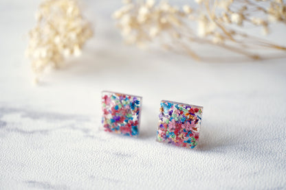 Real Dried Flowers and Resin Square Stud Earrings in Red Mix