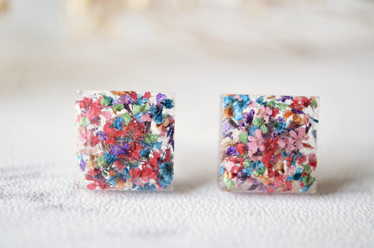 Real Dried Flowers and Resin Square Stud Earrings in Red Mix