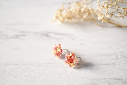 Real Dried Flowers and Resin Flower Shaped Stud Earrings in Yellow and Red