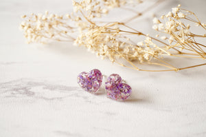 Real Dried Flowers and Resin Heart Stud Earrings in Purple and Rose
