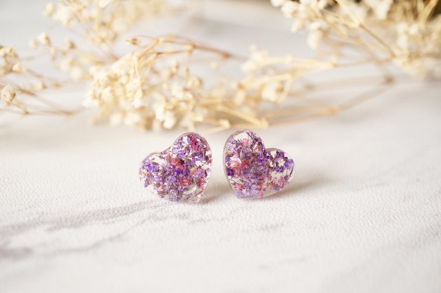 Real Dried Flowers and Resin Heart Stud Earrings in Purple and Rose