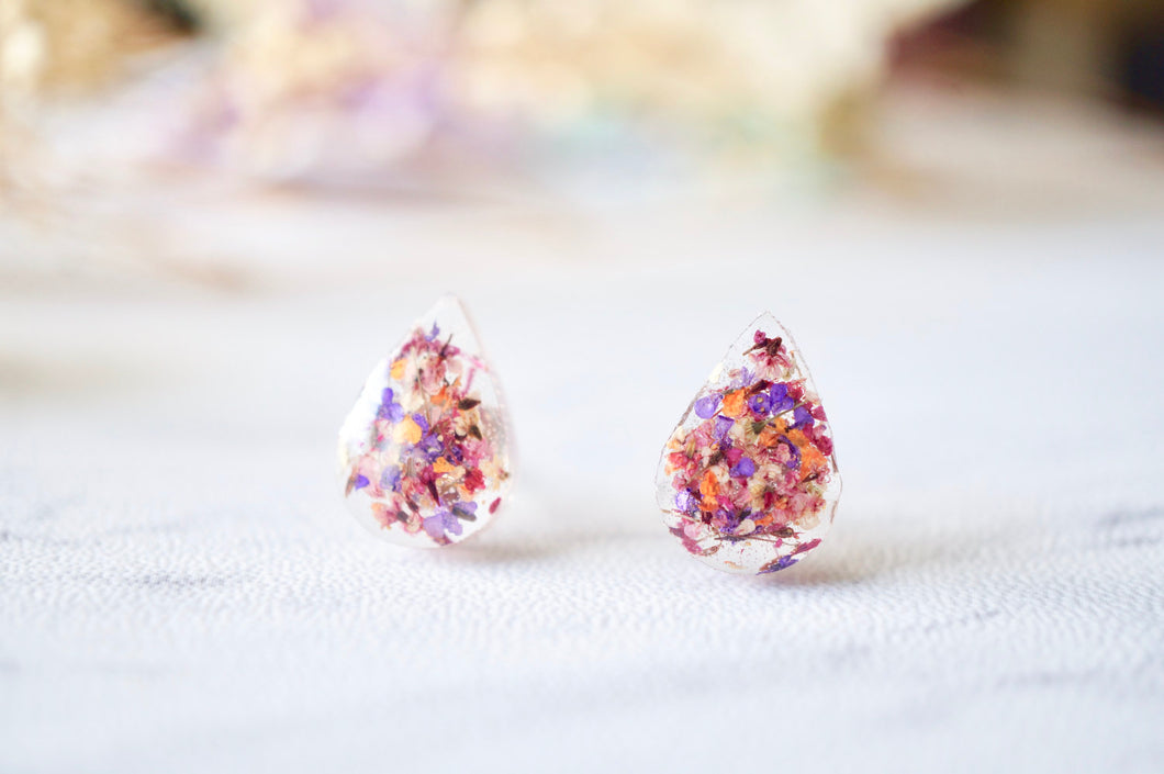 Real Dried Flowers and Resin Teardrop Stud Earrings in Pink Purple Orange