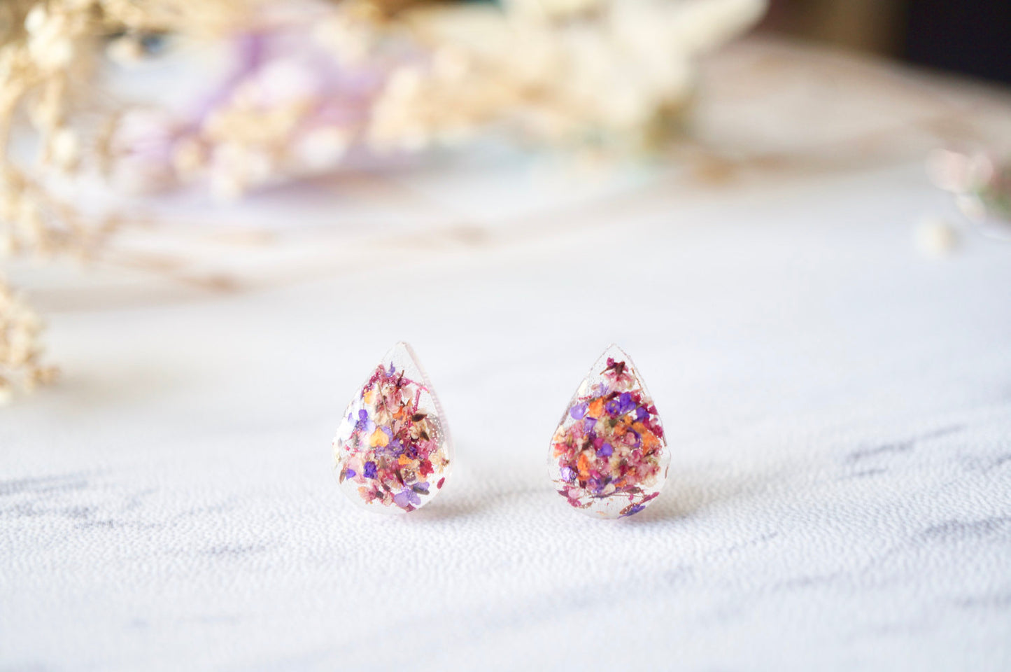 Real Dried Flowers and Resin Teardrop Stud Earrings in Pink Purple Orange