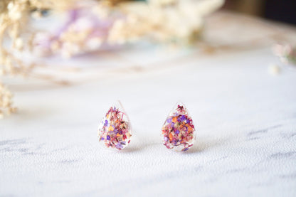 Real Dried Flowers and Resin Teardrop Stud Earrings in Pink Purple Orange