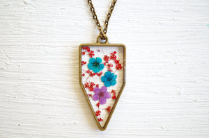 Real Pressed Flower and Resin Necklace in Red, Blues, and Purple Mix