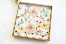 Real Pressed Flower and Resin Necklace in Magenta, Pastel Pinks, Yellows, and Blues Mix, With Real Gold Foil Flakes.