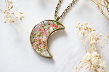 Real Pressed Flower and Resin Celestial Moon Necklace in Greens and Pinks Mix