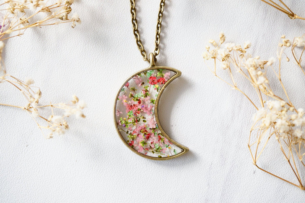 Real Pressed Flower and Resin Celestial Moon Necklace in Greens and Pinks Mix
