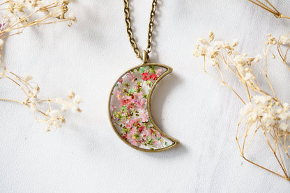 Real Pressed Flower and Resin Moon Necklace in Greens and Pinks Mix
