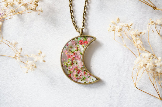 Real Pressed Flower and Resin Moon Necklace in Greens and Pinks Mix