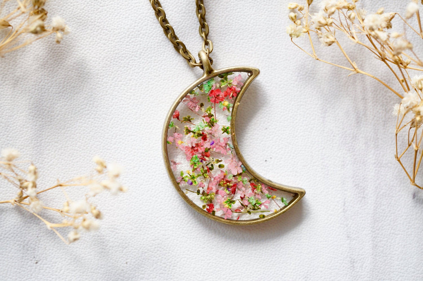 Real Pressed Flower and Resin Celestial Moon Necklace in Greens and Pinks Mix