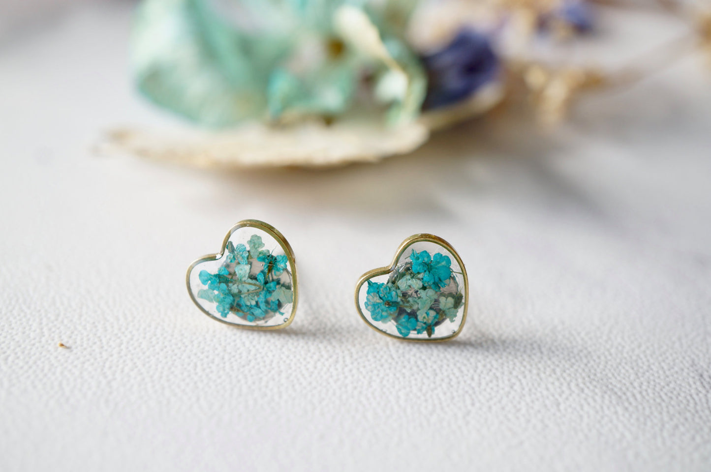 Real Dried Flowers and Resin Heart Stud Earrings in Mint and Teal Green Mix