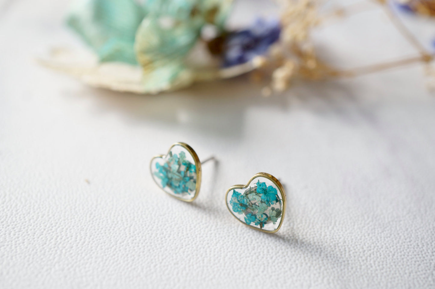 Real Dried Flowers and Resin Heart Stud Earrings in Mint and Teal Green Mix