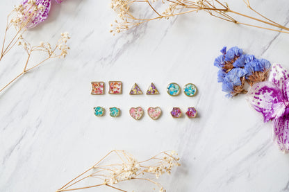 Real Pressed Flowers and Resin, Gold Half Moon Stud Earrings in Mint and Purple