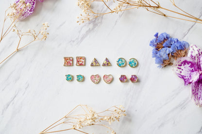 Real Pressed Flowers and Resin Stud Earrings, Purple with Wood and Pink Flowers