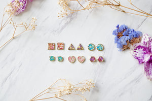 Real Dried Flowers and Resin Stud Earrings, Gold Rectangle in Pink Mix