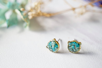 Real Dried Flowers and Resin Cat Stud Earrings in Mint Teal Mix