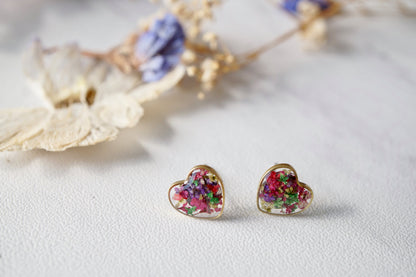 Real Dried Flowers and Resin Heart Stud Earrings in Purple Pink Green Mix