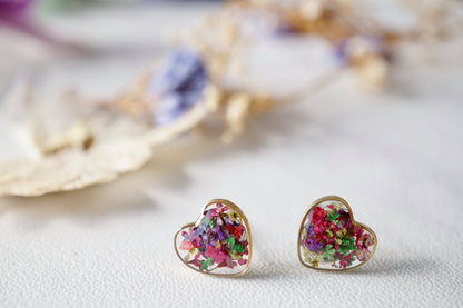 Real Dried Flowers and Resin Heart Stud Earrings in Purple Pink Green Mix