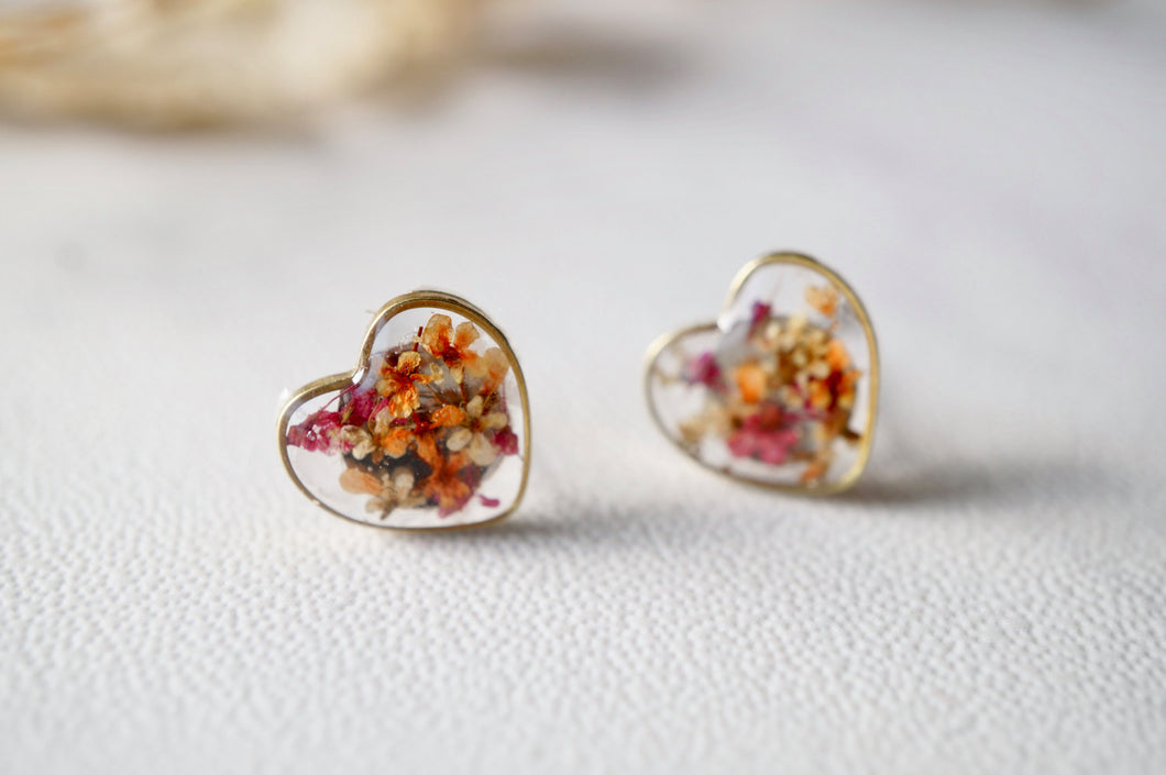 Real Dried Flowers and Resin Heart Stud Earrings in Magenta Orange White Mix