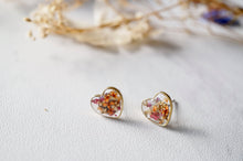 Real Dried Flowers and Resin Heart Stud Earrings in Magenta Orange White Mix